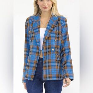 206. BUTTON CLOSURE FRONT #POCKETS PLAID BLAZER  Blue and Brown Plaid  Blazer